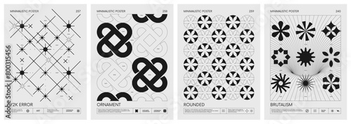 Brutalist style vector minimalistic Posters with silhouette basic figures, Retro futuristic graphic elements of geometrical shapes rave composition, Modern monochrome print artwork, set 60