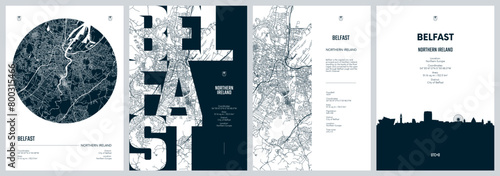 Set of travel posters with Belfast, detailed urban street plan city map, Silhouette city skyline, vector artwork