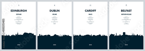 Travel vector set with city skylines Edinburgh, Dublin, Cardiff, Belfast, detailed city skylines minimalistic graphic artwork © max_776