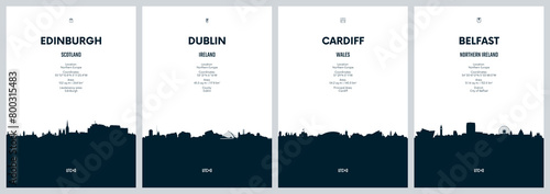 Travel vector set with city skylines Edinburgh, Dublin, Cardiff, Belfast, detailed city skylines minimalistic graphic artwork