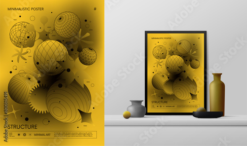 Vector gradient minimalistic rave Poster with strange wireframes graphic of geometrical shapes Y2K design inspired by brutalism and mockup in the interior, frames of spheres on a yellow background © max_776