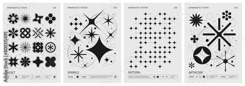 Brutalist style vector minimalistic Posters with silhouette basic figures, Retro futuristic graphic elements of geometrical shapes rave composition, Modern monochrome print artwork, set 59 © max_776