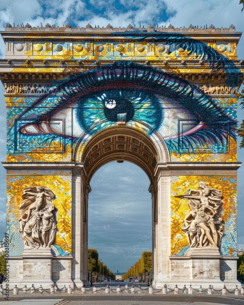 a mosaic wall gate of beautiful woman's eyes, using a gold and blue color palette