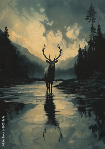 A deer stands in a river, surrounded by calm water and natural landscape