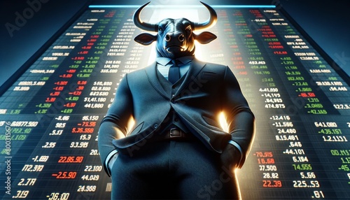 A bull wearing a suit and standing in front of a stock market display