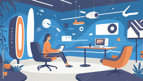Futuristic Theme - Modern Professional Vector Flat Illustration of Worker or Person Sitting in the Room for Technological Background.