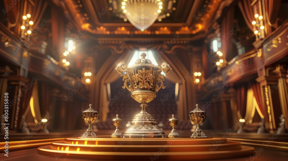 A 3D visualization of a competitive event podium featuring a gold trophy with intricate designs on the highest step