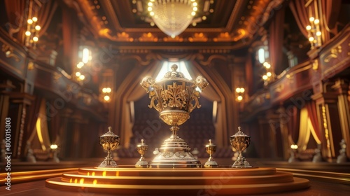 A 3D visualization of a competitive event podium featuring a gold trophy with intricate designs on the highest step