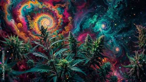 a large number of marijuana plants on a field next to a big psychedelic pattern © Wirestock