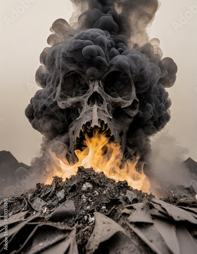 Ghostly black smoke skull rising from burning plastics symbolizing the evil effects of the chemicals contained in plastics. Climate change. 