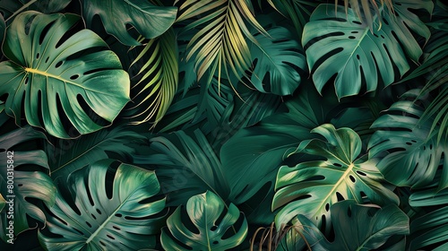 Monstera and palm leaves in a seamless pattern, bold emerald background, trendy for a home decor magazine cover, from above