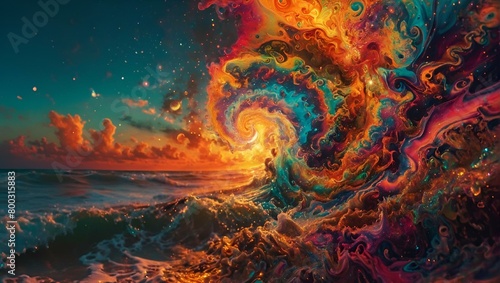 colorful waves and fractals on beach and plants