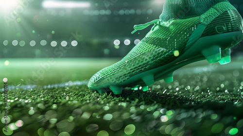 Closeup of green soccer shoes on the football field with a green background and soft green lights photo