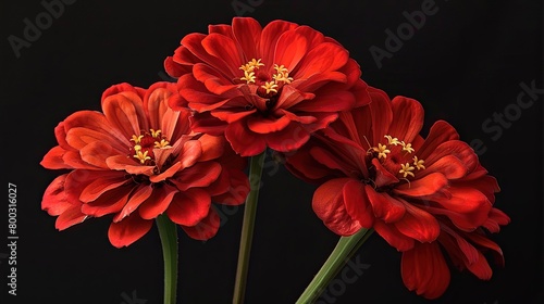 Three red zinnias are in focus against a black background.