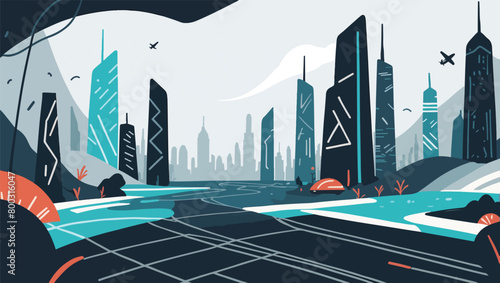 Futuristic Theme - Modern Professional Vector Flat Illustration of Digital City Skyline for Technological Background.