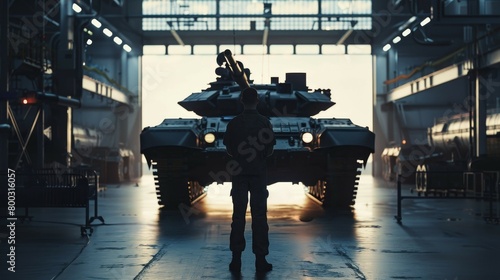 Commanding officer overseeing tank maintenance in a spacious military garage, showcasing leadership photo
