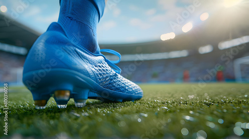 Close up of a soccer player's blue shoe on grass in a stadium, with a blurred background showing sunlight and a bokeh effec photo