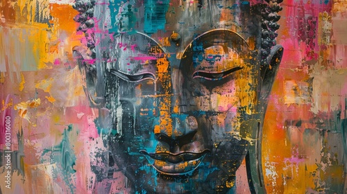 Abstract art piece featuring a Thai Buddha statue using bold brush strokes and a surreal color palette