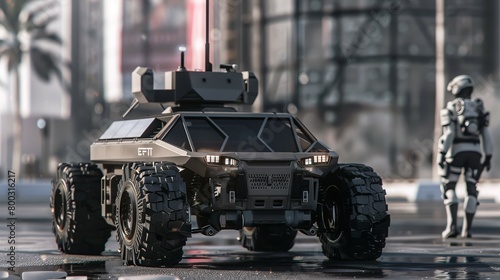 Robust military vehicle with large wheels patrolling a futuristic urban landscape photo