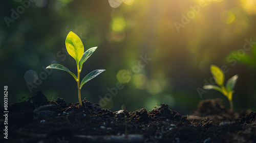 Single young plant sprouting from rich soil, with the sun shining brightly in the background symbolizing growth and new beginnings