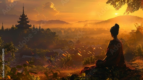 Woman in traditional attire watching sunrise over a misty village landscape with pagodas