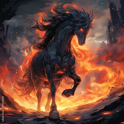 narrative plunges us into a scene of midnight, where a powerful horse stands against a black background, its mane ablaze like fire, exuding an aura of aggression and strength.anime aesthetic © Nuikubs