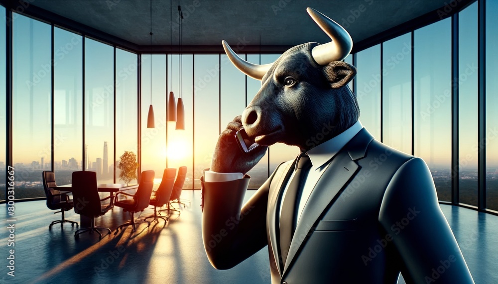 A bull wearing a suit and talking on the phone in an office