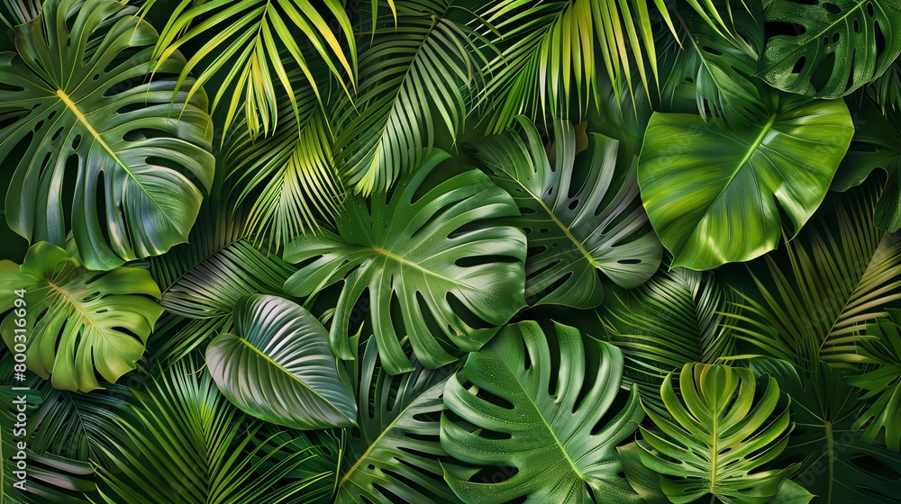 Tropical leaf pattern, seamless design, vibrant green background, perfect for an ecolifestyle magazine cover, from above