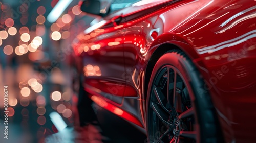 A close-up of a red luxury car's wheel and bodywork, with bright city lights creating a bokeh effect in the background. © tashechka