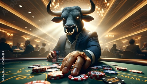 A bull wearing a suit and golden ring is playing poker in a casino. photo
