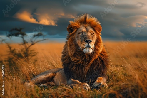 Side view of a Lion walking, looking at the camera, Panthera Leo, A lioness, Panthera leo, sitting on top of a mound, on Savannah, Single lion looking regal standing proudly on a small hill. 