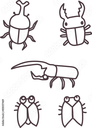 夏をイメージした、カブトムシやクワガタ、蝉などの虫のデフォルメイラストセット