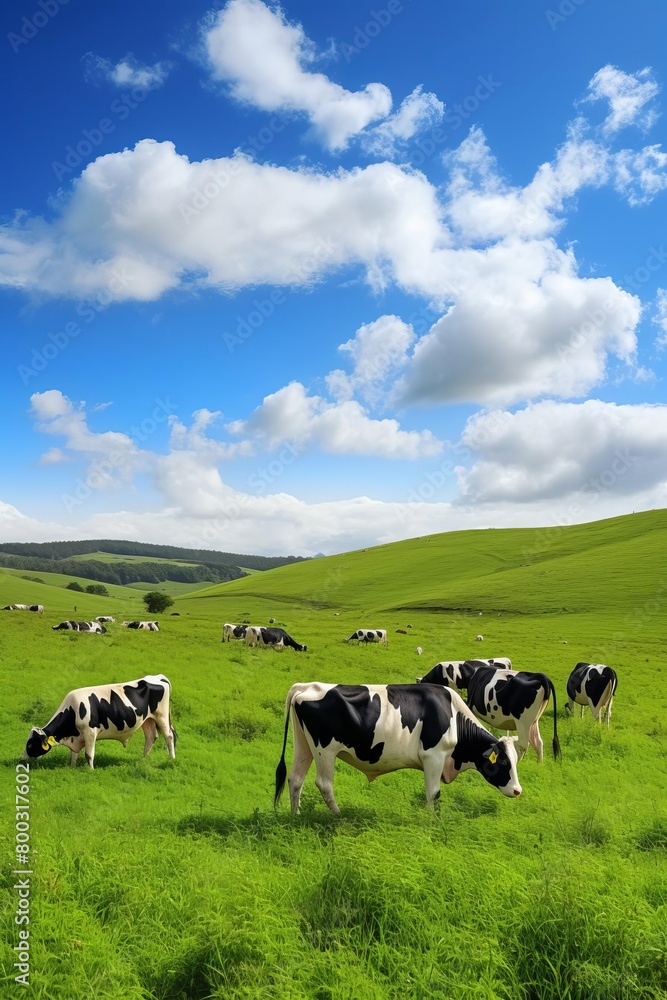 Herd of dairy cows grazing peacefully in a field, distant rolling hills, serene rural setting perfect for showcasing farm operations Herd of dairy cows grazing peacefully in a field, distant rolling hills, serene rural setting perfect for showcasing farm operations