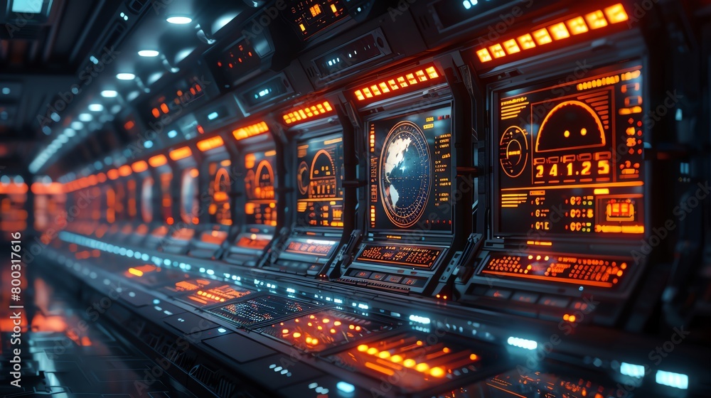 A futuristic spaceship control room. The room is filled with advanced technology and the crew is working hard to keep the ship running smoothly.