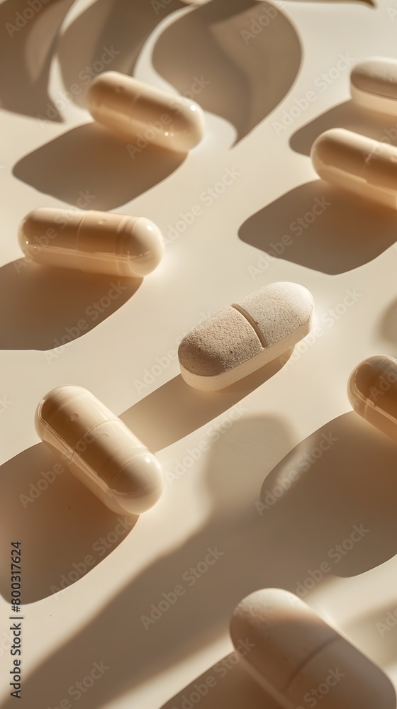 Fototapeta premium Probiotics and Dietary Supplements Arrangement with Warm Lighting and Minimalist Branding