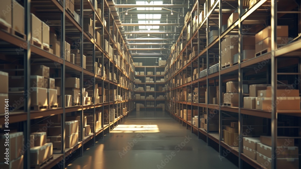 a vast warehouse space rows upon rows of shelving units stacked with cardboard packages