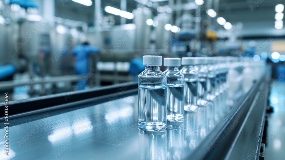 Transparent water bottles with white caps on a conveyor belt in a modern manufacturing facility. Transparent water bottles with white caps on a conveyor belt in a modern manufacturing facility.
