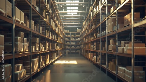 a vast warehouse space rows upon rows of shelving units stacked with cardboard packages © JR-50