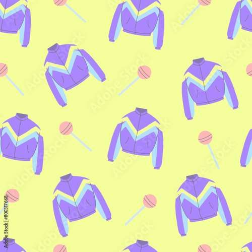 A seamless pattern with a jacket and a lollipop from the '90s