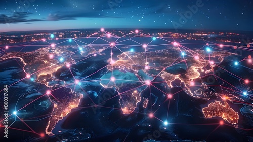 Illustrative Global 5G Network Connecting Continents Through Glowing Lines and Nodes on World Map #800317684