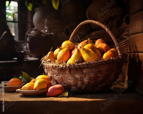 Basket of sapodillas placed in a rustic market setting, inviting viewers to explore exotic fruits, with space for descriptive text photo