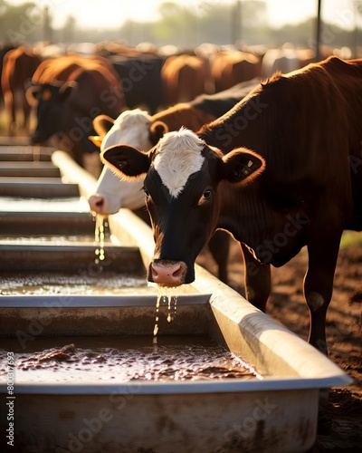 Beef cattle being fed in a wellstructured feeding pen, focus on nutrition and farm management practices photo