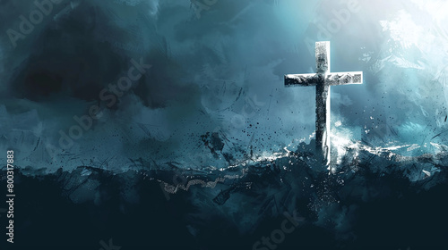 oil painting style illustration of a christian cross on the top of a hill, faith in jesus, space for text, blue color palette photo