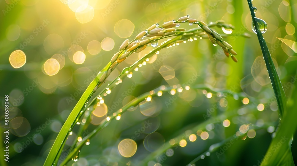 Naklejka premium Close-up of Dew-Kissed Rice Stalks in Vibrant Hues