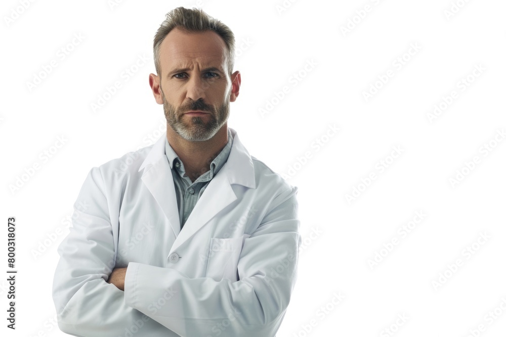 Confident doctor in lab coat standing against white background Confident doctor in lab coat standing against white background