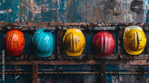 Assorted colorful hard safety helmets lined up on a rack at an industrial construction site. © tashechka