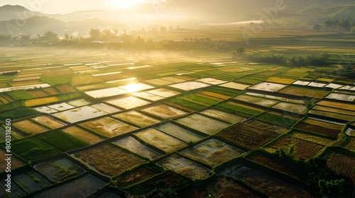 Serene Sunrise Over Expansive Rice Field with Golden Hues and Lush Greenery