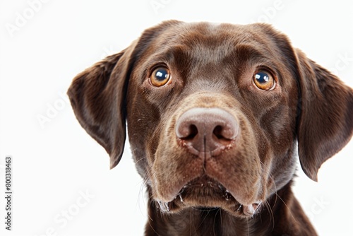 Chocolate Labrador portrait with quirky expression on white background.
