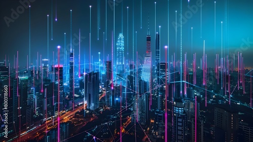 Glowing 6G network beams crisscrossing a futuristic cityscape showcasing ultra-fast next-gen photo