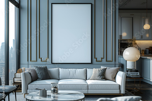 apartement livingroom in the afterday with furniture,green plants,blue soft walls,white sofa with interior mockup with one white photo frame in the background photo